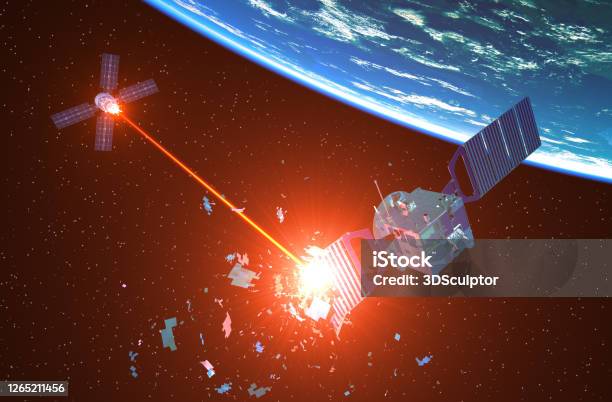 Military Spaceship Shoots Down An Enemy Satellite With A Laser Beam Stock Photo - Download Image Now