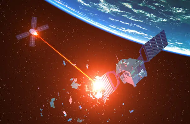 Military Spaceship Shoots Down An Enemy Satellite With A Laser Beam. 3D Illustration. NASA Images NOT USED!