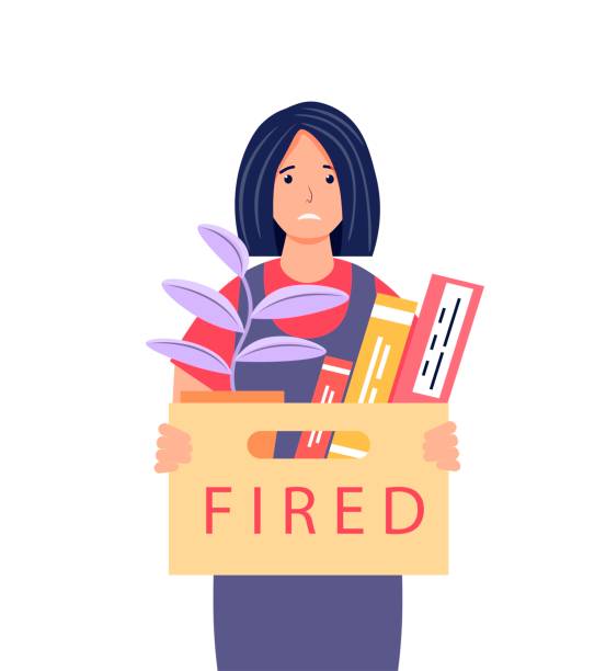 Dismissal from work. Frustrated young woman holding a box with her belongings. Female character who lost his job. Layoff, unemployment, job cuts concept. Cute vector illustration. Dismissal from work. Frustrated young woman holding a box with her belongings. Female character who lost his job. Layoff, unemployment, job cuts concept. Cute vector illustration. woman defeat stock illustrations