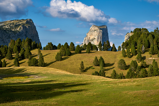 Mont Aiguille and the Vercors High Plateaus in summer. Vercors Regional Natural Park, Isere, Rhone-Alpes, Alps, France