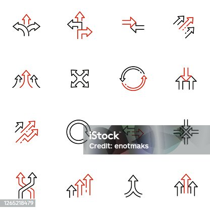 istock Vector Set of Linear Icons Related to arrow, direction, progress and path. Mono Line Pictograms and Infographics Design Elements 1265218479