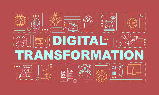 Business digital transformation word concepts banner Business digital transformation word concepts banner. Technology implementation. Infographics with linear icons on red background. Isolated typography. Vector outline RGB color illustration dx stock illustrations