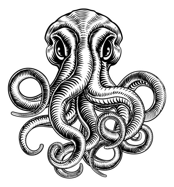 oktopus oder cthulhu tintenfisch monster vintage holzschnitt - octopus tentacle isolated white stock-grafiken, -clipart, -cartoons und -symbole