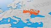 Ukraine highlighted on a white simplified 3D world map. Digital 3D render.