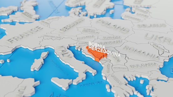 Bosnia and Herzegovina highlighted on a white simplified 3D world map. Digital 3D render.