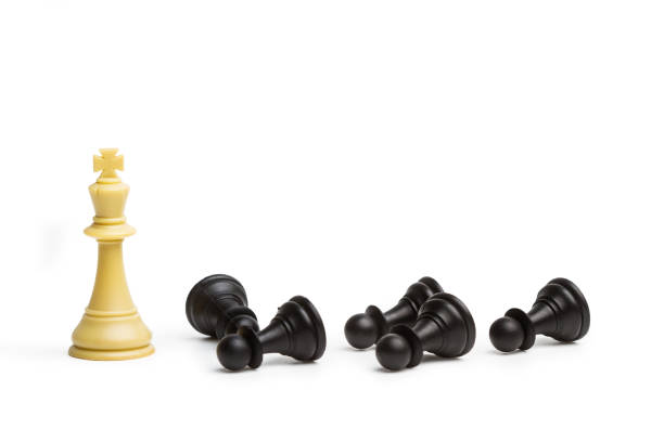White chess king and black chess pawns on a white background