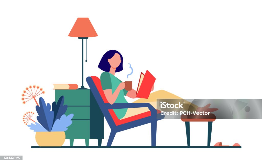 Woman relaxing at home Woman relaxing at home. Girl drinking hot tea, reading book in armchair flat vector illustration. Leisure, evening, literature concept for banner, website design or landing web page Relaxation stock vector
