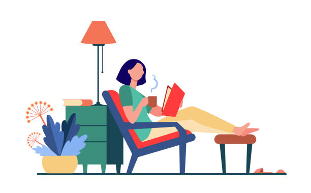 Woman relaxing at home Woman relaxing at home. Girl drinking hot tea, reading book in armchair flat vector illustration. Leisure, evening, literature concept for banner, website design or landing web page resting illustrations stock illustrations