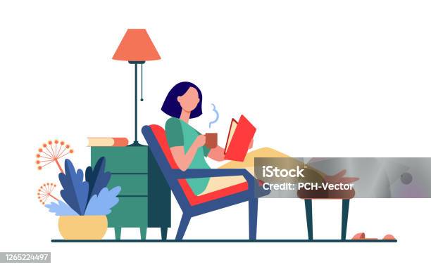 Woman Relaxing At Home Stock Illustration - Download Image Now - Relaxation, Reading, Book