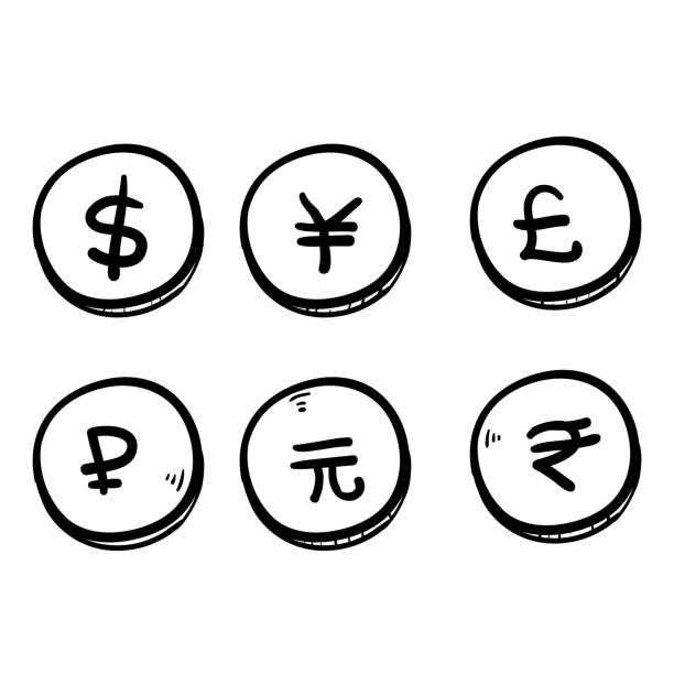 Set of hand drawn the most popular currency symbol. Dollar, euro, yen, yuan, pound, rupee, ruble signs doodle vector Set of hand drawn the most popular currency symbol. Dollar, euro, yen, yuan, pound, rupee, ruble signs doodle vector rupee coin stock illustrations
