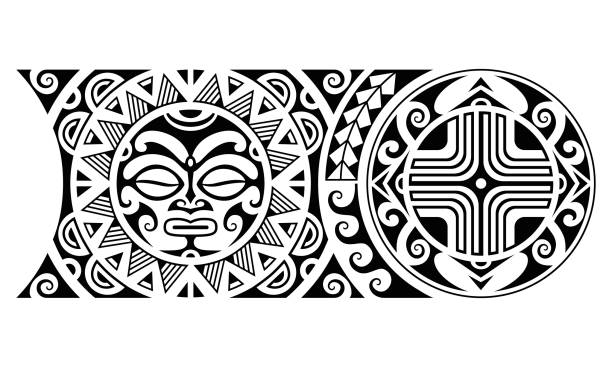 istock Maori polynesian tattoo border tribal sleeve pattern vector with sun face. Samoan bracelet tattoo design fore arm or foot. 1265225763