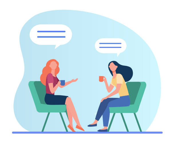 Women talking over cup of coffee Women talking over cup of coffee. Female friends meeting in coffee shop, chat bubbles flat vector illustration. Friendship, communication concept for banner, website design or landing web page coffee drink stock illustrations