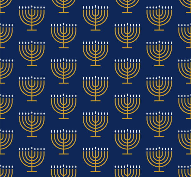 Golden illustration of Hanukkah menorahs in a repeating pattern against a blue background.
Stock illustration