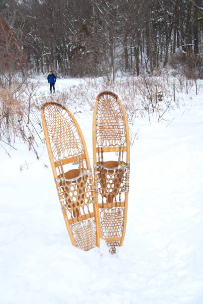 Minnesota, USA - December 30, 2010: Traditional basket weave snowshoes sit upright in the snow ready for adventure with man skiing in distance, Rochester, Minnesota, USA