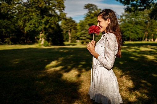 Beautiful smiling young woman wearing a white dress relaxing and enjoying a sunny summer day in the park and carrying a red flower