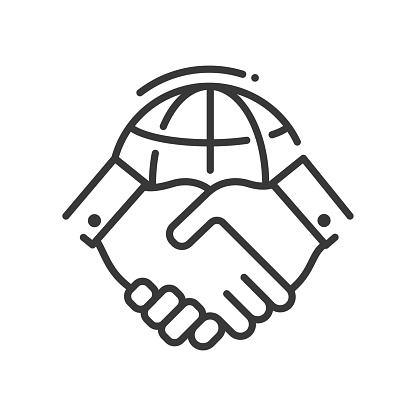 Tolerance concept - line design single isolated icon on white background. Social freedom and civil rights, international business idea. High quality black pictogram. Image of a handshake and the world