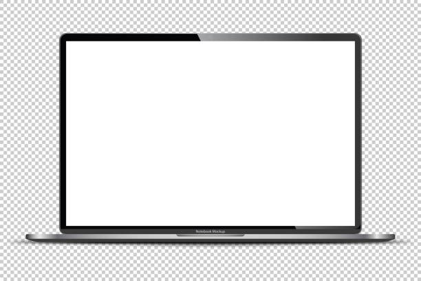 realistický tmavě šedý notebook s průhlednou obrazovkou izolovaný. 16 palcový notebook. otevřete displej. - notebook stock ilustrace