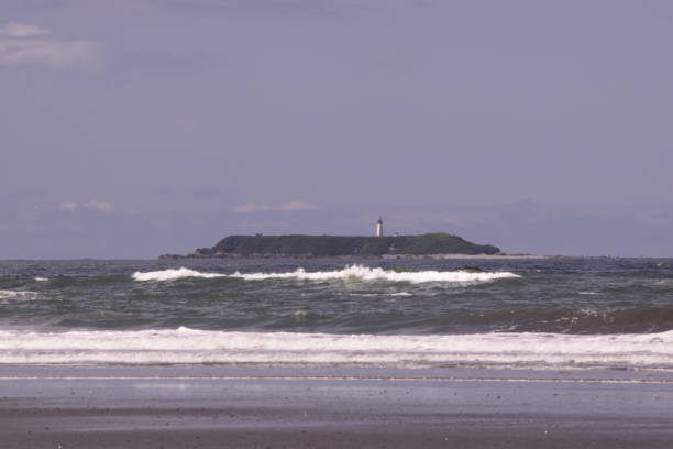 istock Distant Island Off Of Beach With Lighthouse On Cloudy Morning 1265232824