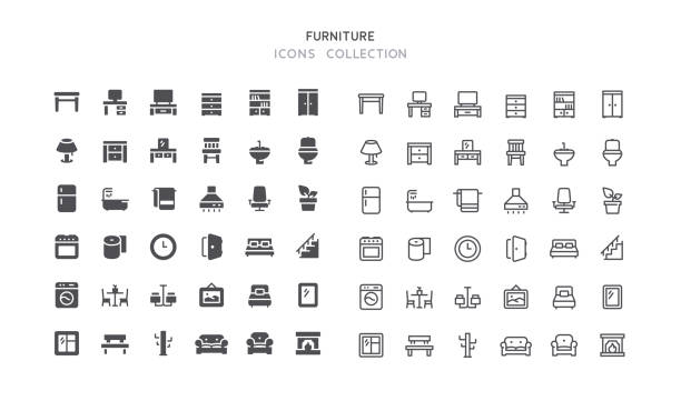 Flat & Outline Furniture Icons Set of furniture vector icons. Flat design & outline editable stroke. Perfect pixel line. bed furniture stock illustrations