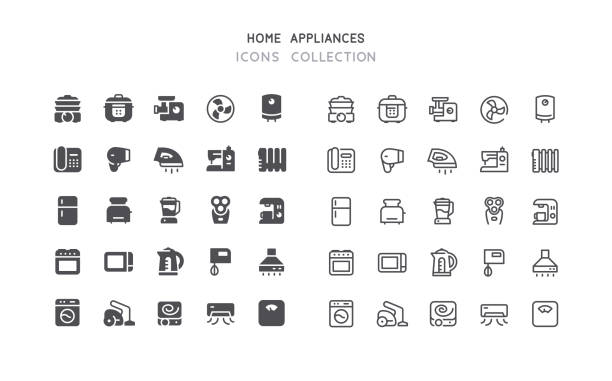 Flat & Outline Home Appliances Icons Set of home appliances vector icons. Flat design & outline editable stroke. Perfect pixel line. electric stove burner stock illustrations