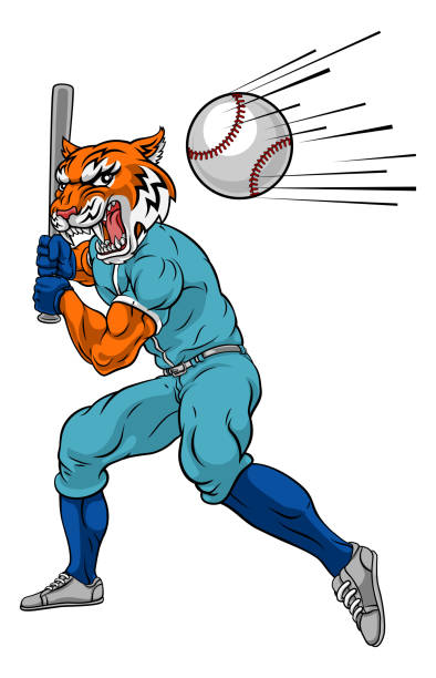 тигр бейсболист талисман размахивая летучая мышь на балу - characters sport animal baseballs stock illustrations