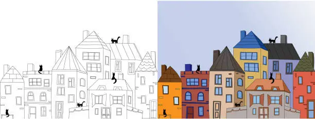 Vector illustration of book coloring pages for adults and children. small town, with colored houses. Black cats walking on roofs. Black and white linear pattern and example coloring in different colors