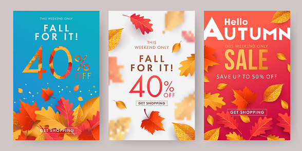 Autumn sale banner, poster or flyer set. Vector illustration with frame of bright beautiful leaves on white, blue and red background. Template Set for advertising, web, social media and fashion ads