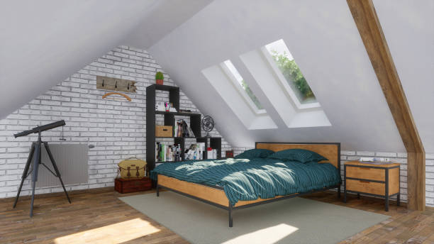 istock Double bed in modern bedroom interior in attic 3D 1265239227