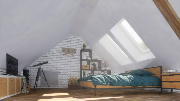 istock Cozy modern bedroom in attic with double bed 3D 1265239284