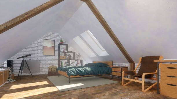 istock Bright interior of cozy modern bedroom in attic 3D 1265239299