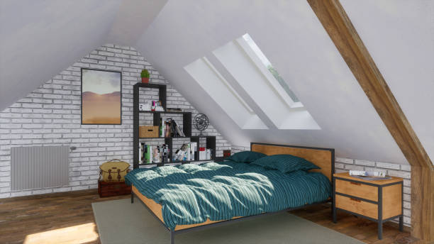 istock Double bed in modern bedroom on attic floor 3D 1265239331