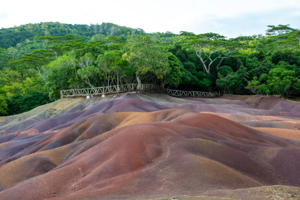 A land of seven colors in Chamarel National Park stock photo