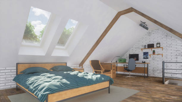 istock Modern bedroom in attic with bed and home office 1265239395