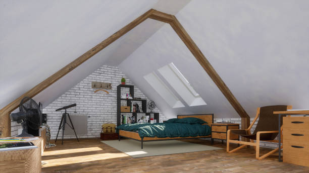istock Bachelor interior of cozy modern bedroom on attic 1265239415