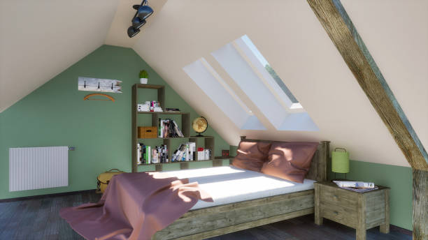 istock Double bed in modern bedroom interior in attic 3D 1265239442