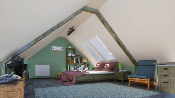 istock Modern bedroom interior in attic floor 3D render 1265239455
