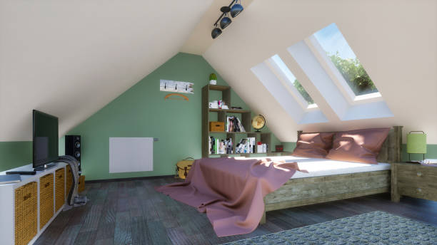 istock Cozy bedroom interior in attic with double bed 3D 1265239471