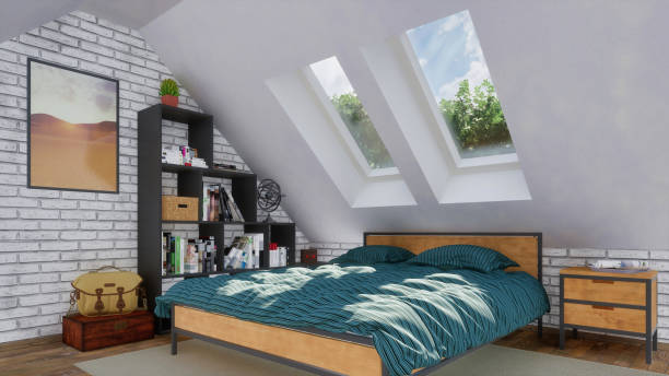 istock Bright bedroom interior in attic with double bed 1265239505