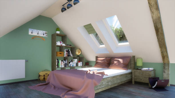 istock Cozy bedroom in attic with double bed 3D render 1265239535