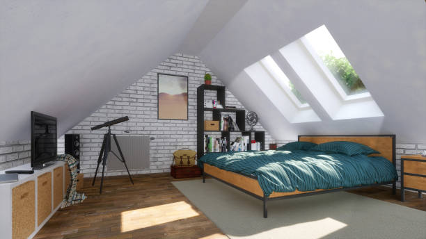 istock Bright modern bedroom interior in attic room 3D 1265239553