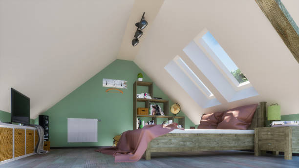 Modern bedroom interior in attic 3D illustration