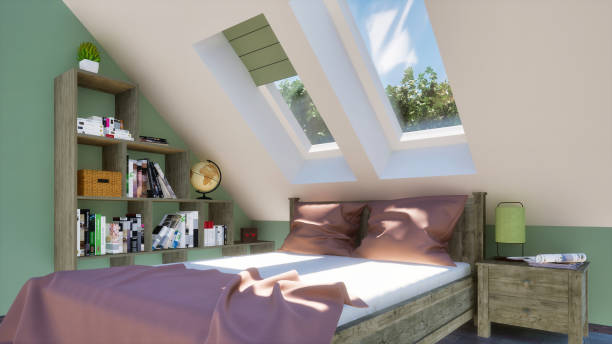 istock Modern bedroom interior in attic with double bed 1265240113