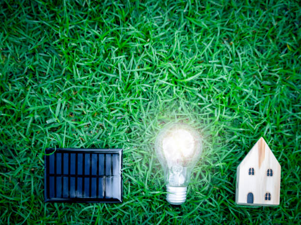 istock Solar cell, light bulb and wooden house on green grass, energy-saving, using renewable green energy for saving the world, love and protect our planet, environmental  friendly concept 1265240428