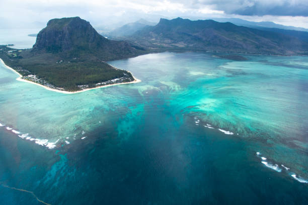 Underwater waterfall Mauritius from Air stock photo