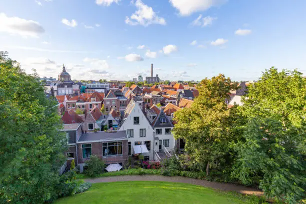 Scenic view from the historic fort of Leiden on top of a small hill in Leiden in the Netherlands, Europe