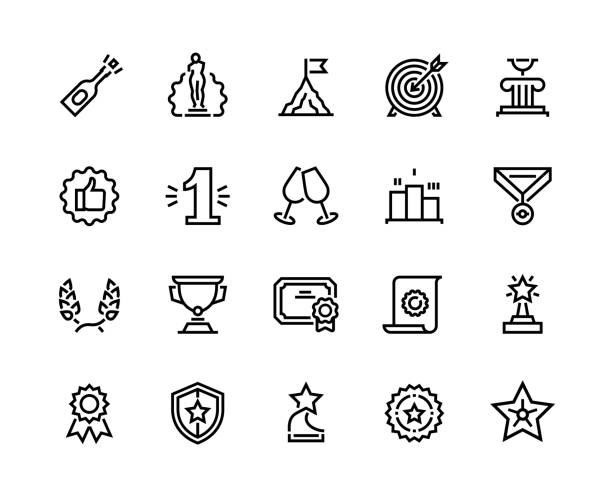 Trophy line icon. Quality certificate and badge, award cup and winner reward, champion trophy. Vector certificate and award set Trophy line icon. Quality certificate and badge, award cup and winner reward, champion trophy for first place. Vector certificate and award set badge like symbol glory and achievement celebrity endorsements stock illustrations