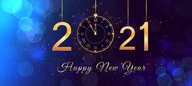 Happy New Year 2021 blue background with bokeh effect, hanging golden numbers, gold vintage clock and lights. Magic holiday banner, poster or greeting card with happy new year text. Happy New Year 2021 blue background with bokeh effect, hanging golden numbers, gold vintage clock and lights. Magic holiday banner, poster or greeting card with happy new year text. 2021 stock illustrations