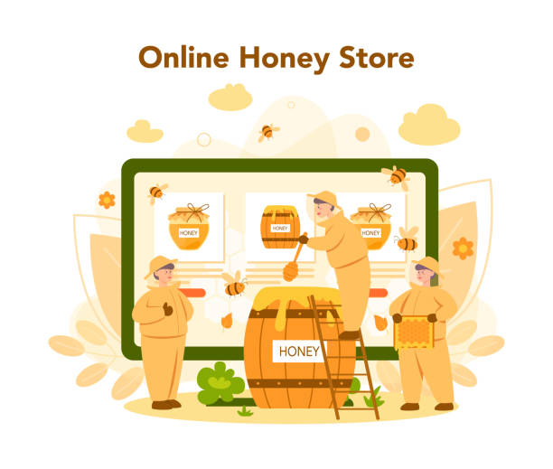 Hiver or beekeeper online service or platform. Professional farmer Hiver or beekeeper online service or platform. Professional farmer with hive and honey. Online honey store. Apiary worker, beekeeping and honey production. Vector illustration hiver stock illustrations