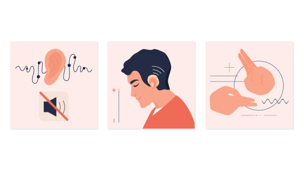 Young deaf man with hearing aid. Hearing disability concept. Sign Young deaf man with hearing aid. Hearing disability concept. Sign language communication. Ableism and devirsity concept. Flat vector illustration in cartoon style. International Day of Sign Languages stock illustrations