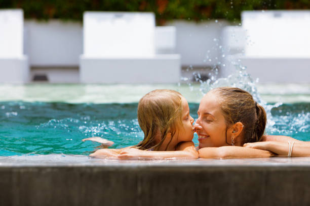 istock Happy people have fun at pool side edge. 1265247435